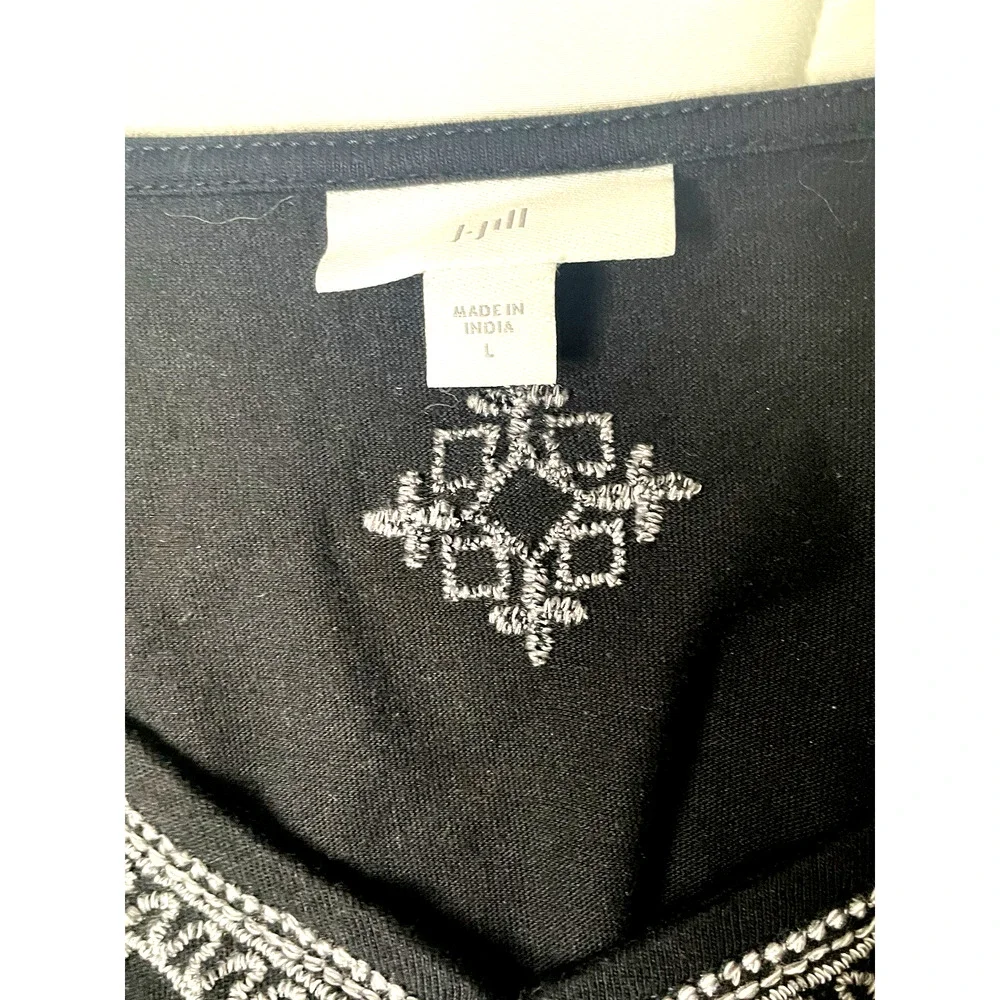 J. Jill Womens L Black Gray Embroidered Tunic Top 3/4 Sleeve Boho